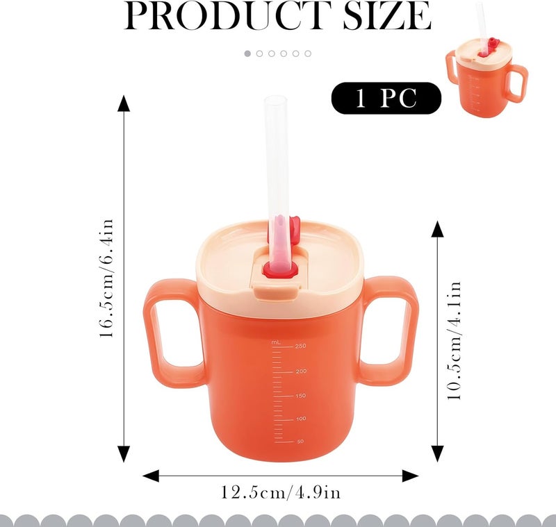 LCJAOF Senior Spill Resistant Drinking Cup - 8oz Drinking Cup with Straw and Lid Two Handles for Disabled Patients, Pregnant Women and Children (Orange) - Image 2